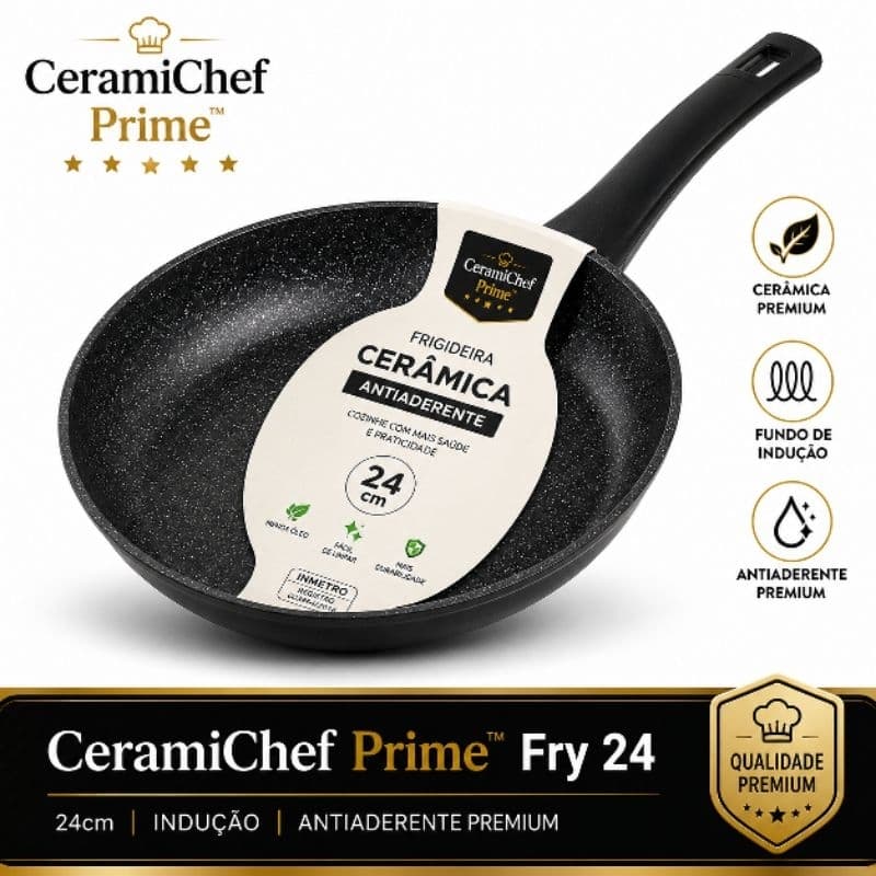 Frigideira De Cerâmica Antiaderente 24cm Fundo Indução Premium Preta Compatível com Fogão Gás Elétrico e Vitrocerâmico