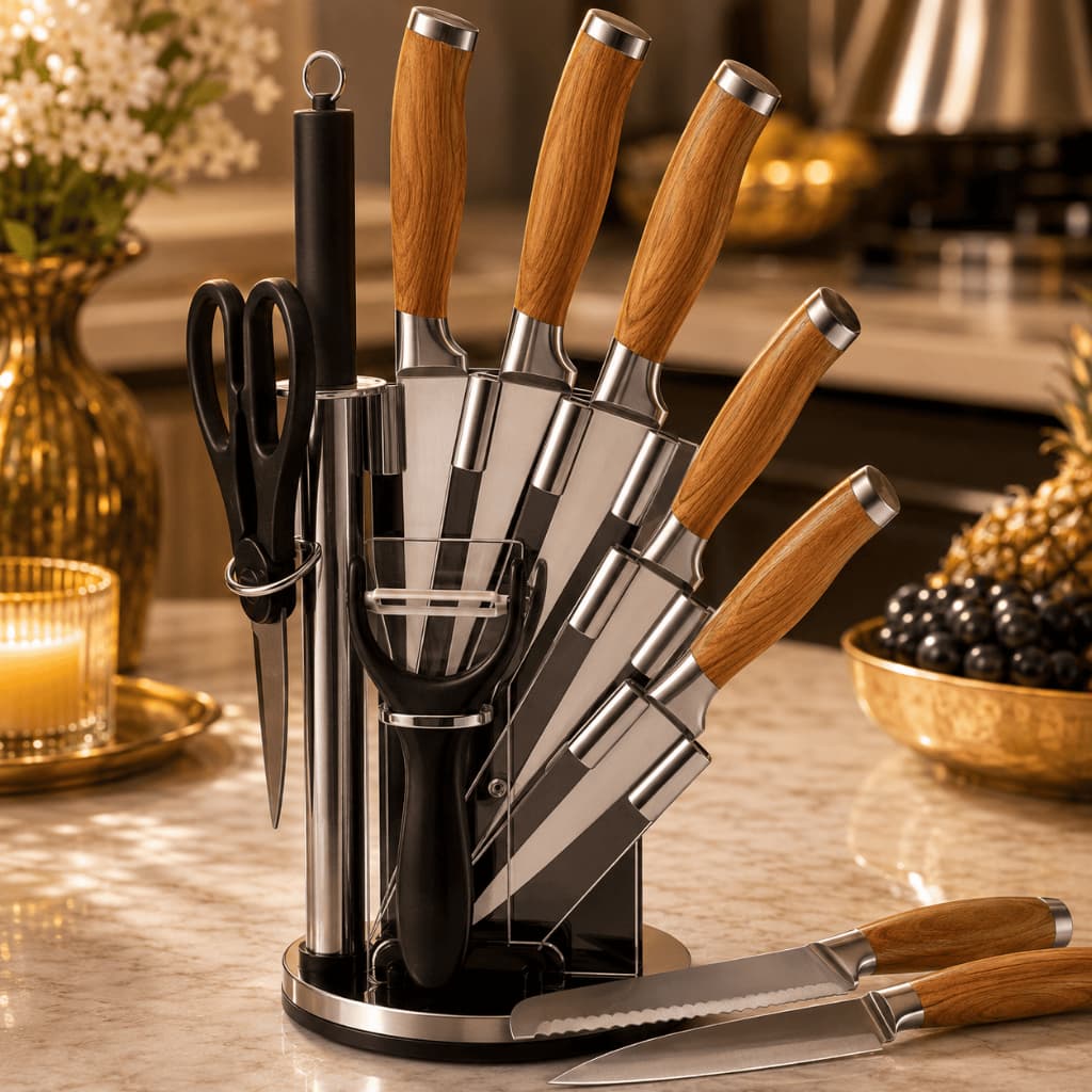 Faqueiro Jogo de Facas Aço Inox com Suporte Giratório Kit Cozinha 9 Peças Profissional