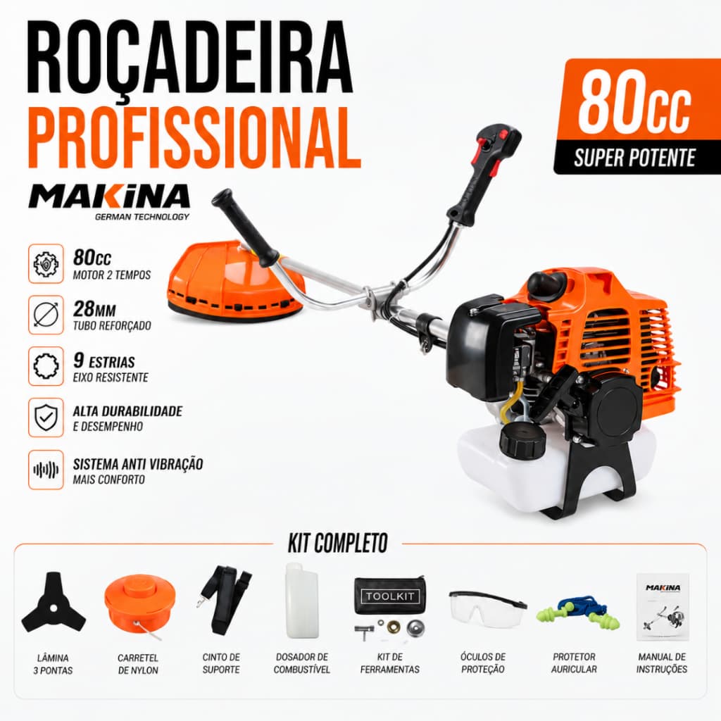 Kit Roçadeira Gasolina 80CC Profissional Makina 2T 28mm 9 Estrias Aparador de Grama cortador Potent