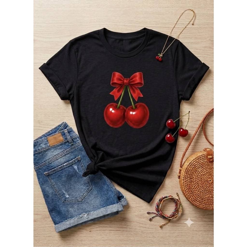 T-shirt Camiseta Plus Size Feminina Estampa De Cereja Tecido Macio Leve Confortável Reforçado