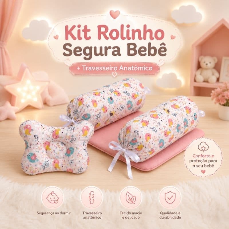 kit Rolinho segura bebê e travesseiro anatômico, segurança, conforto, antialérgico, estampado