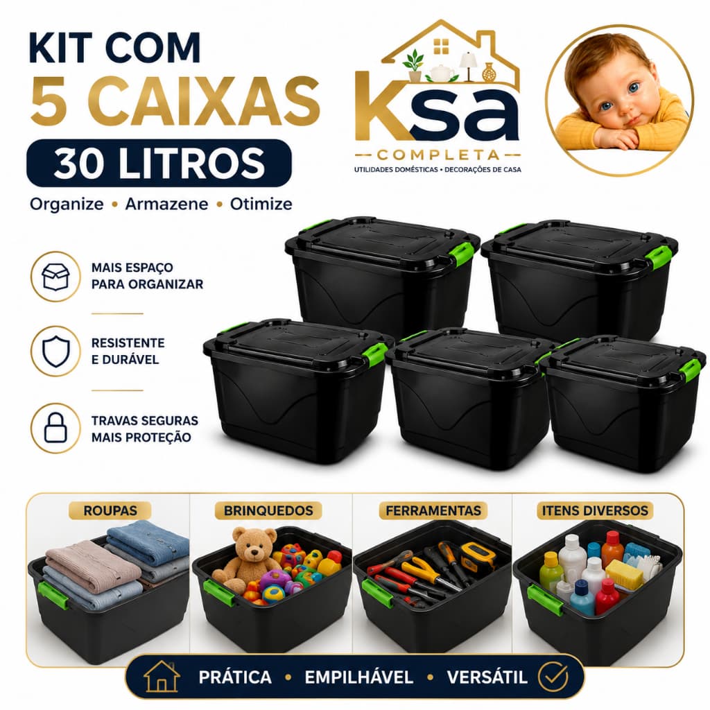 Kit 5 Caixas Organizadoras 30l Grande C/Tampa e Trava Organizador para Brinquedos Multiuso