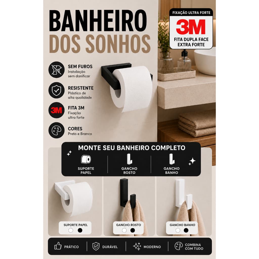 Suporte papel higiênico + Gancho p/ toalhas de rosto, banho, guardanapos, panos - SEM FUROS DUPLA FACE 3M