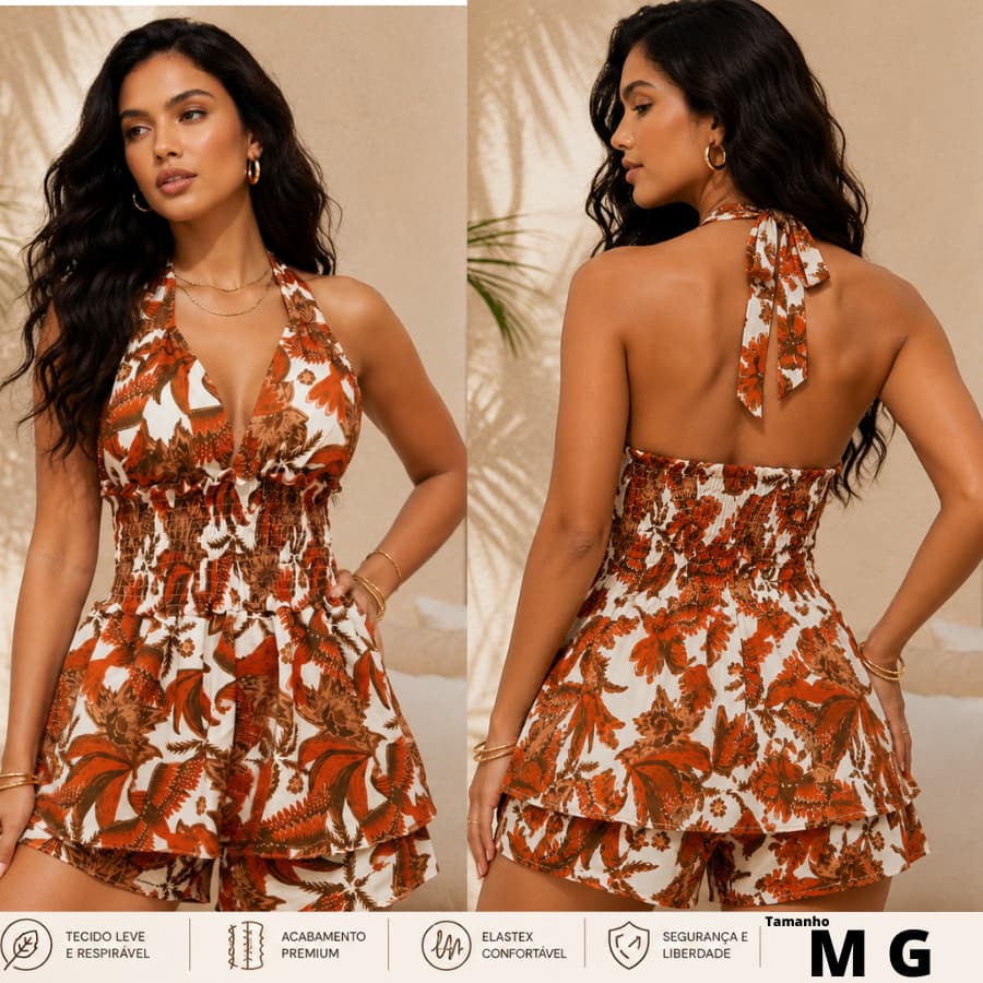 Macacão  Vestido Feminino curto  tropical com short embutido moda verão Primavera, com bojo
