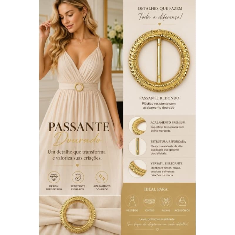 2x Passante para Cintos, Faixas e Vestidos | Plástico Resistente com Acabamento Dourado