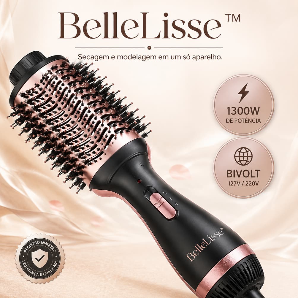 Escova Secadora Profissional BelleLisse™ 1300W Bivolt Alisa Seca e Modela Cabelos