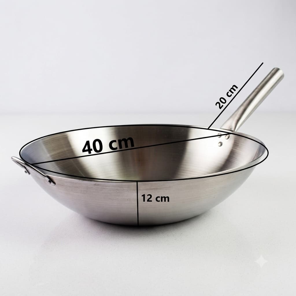 Panela Wok Aço Inox 40cm Com Cabo Longo e Alça Profissional Yakissoba Comida Chinesa