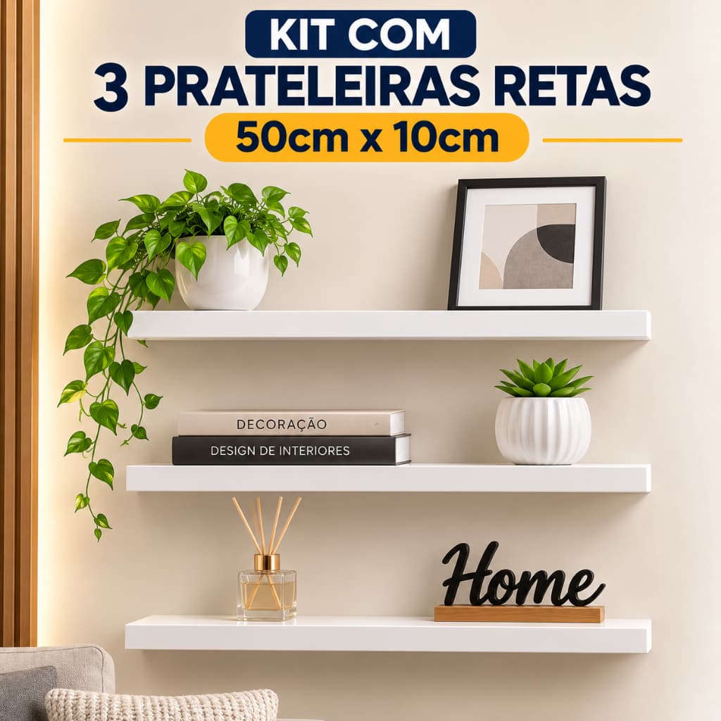 Kit com 3 Prateleiras 100% Mdf,  50x10cm, Prateleira Para Quarto, Sala,Cozinha ou Escritório.