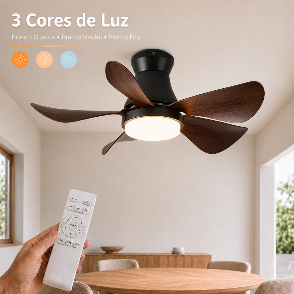Mini Ventilador Plafon LED 25W Bivolt com Controle Timer 5 Pás para Quarto Sala