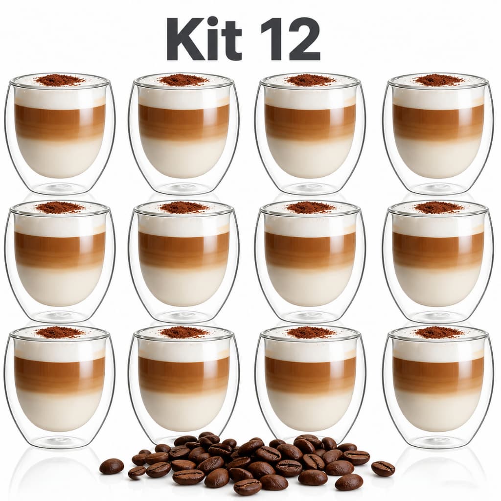 Kit 12/6 Copos Parede Dupla de Vidro 80 ml Copo de Café Chá Suco Copo Duplo Isolante Térmico