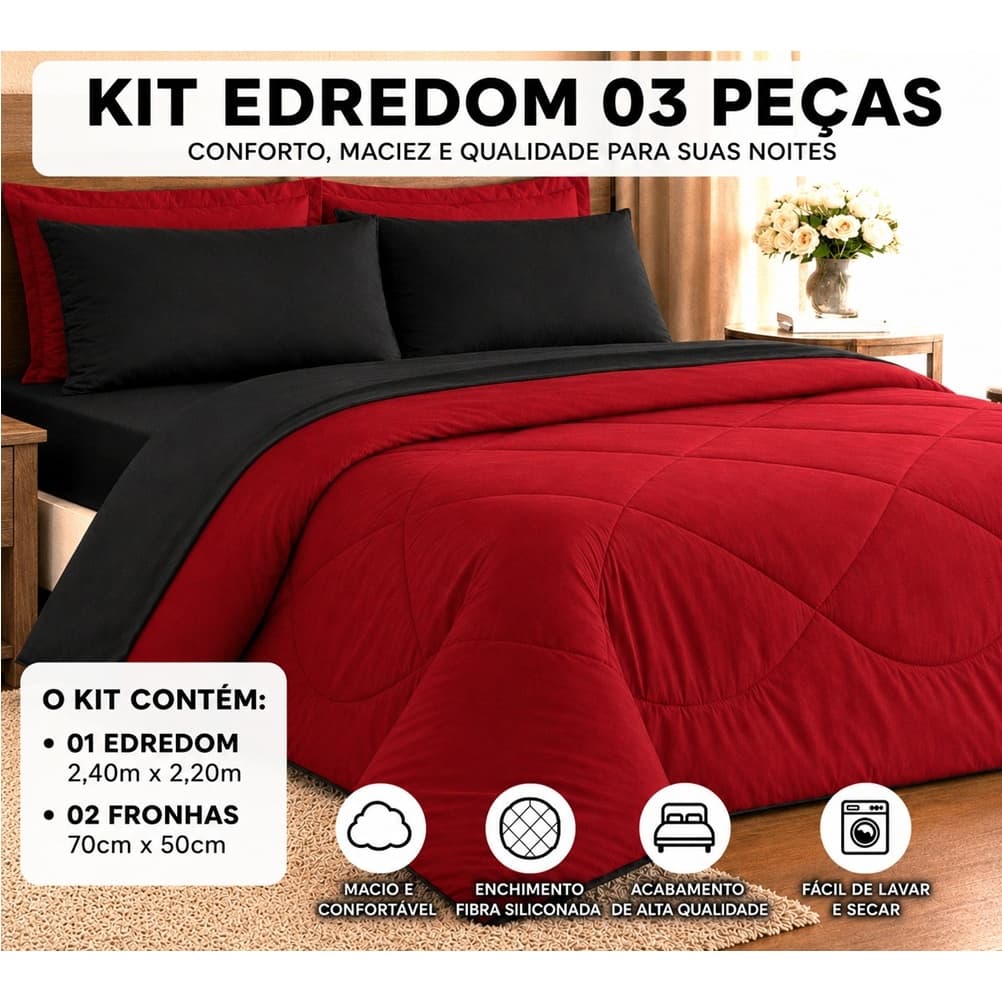 KIT TERNURA EDREDOM  CASAL QUEEN DUPLA FACE COM 03 PEÇAS  PROMOÇÃO ! (  preto / vermelho )