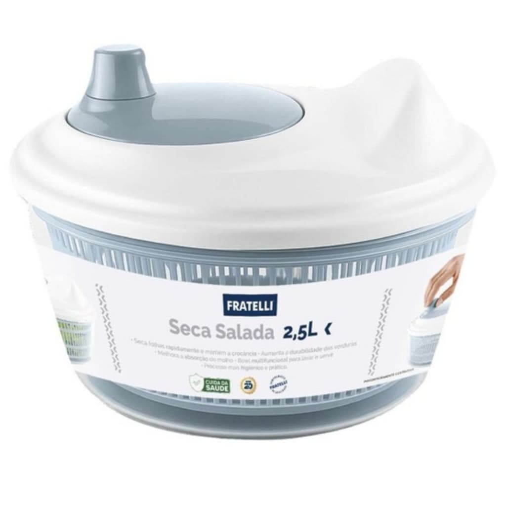 Seca Salada 2,5L Centrífuga Manual Lava E Seca Folhas Cinza Sistema Giratório Multifuncional Prático E Compacto
