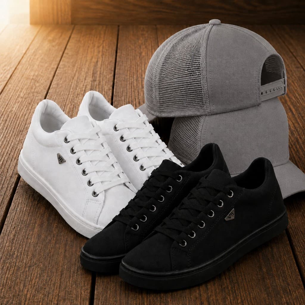 Kit 2 Pares de Tênis Casuais Masculinos + Boné Trucker Aba Curva Ajustável Confortável Dia a Dia