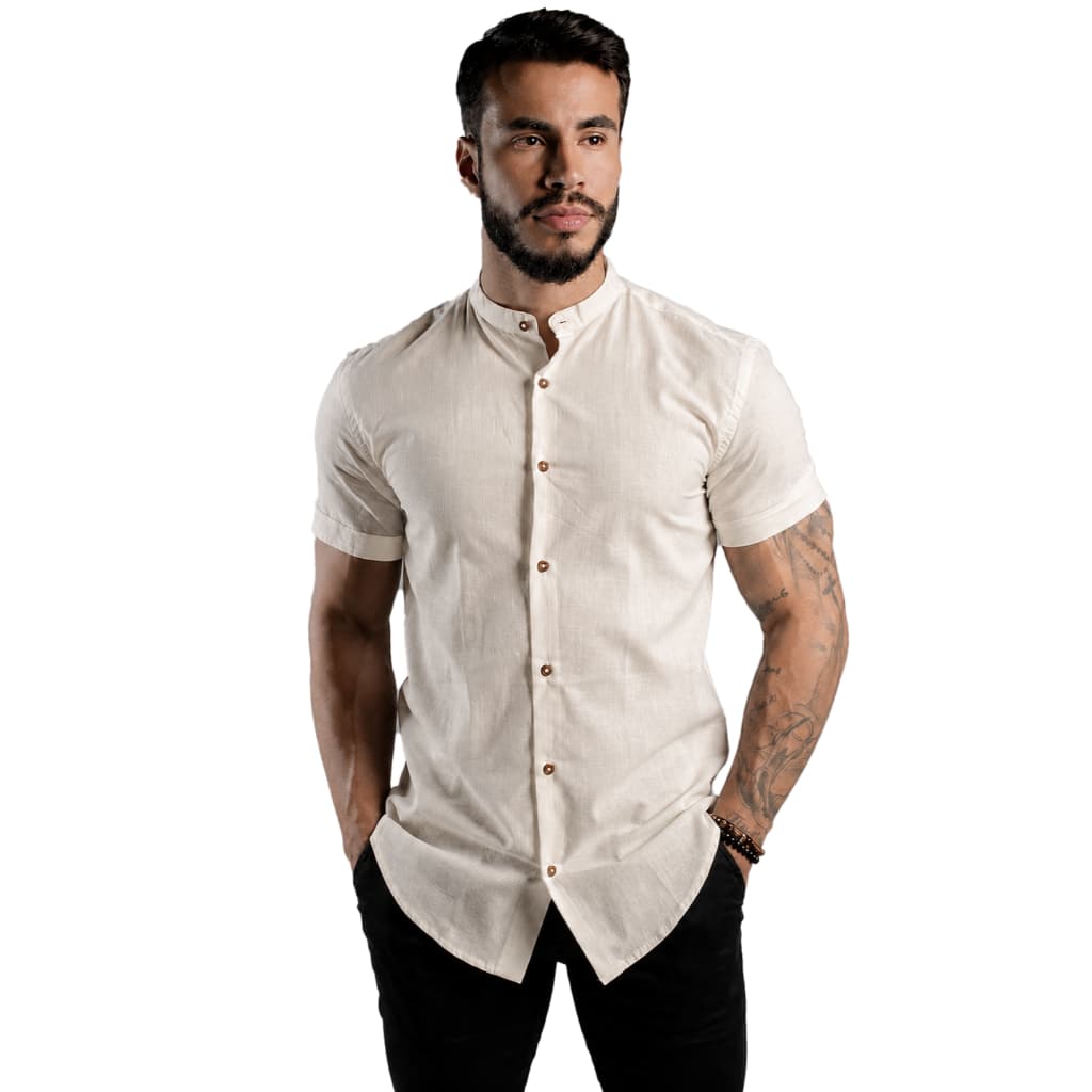 Camisa Social Gola Padre Off White Manga Curta De Linho