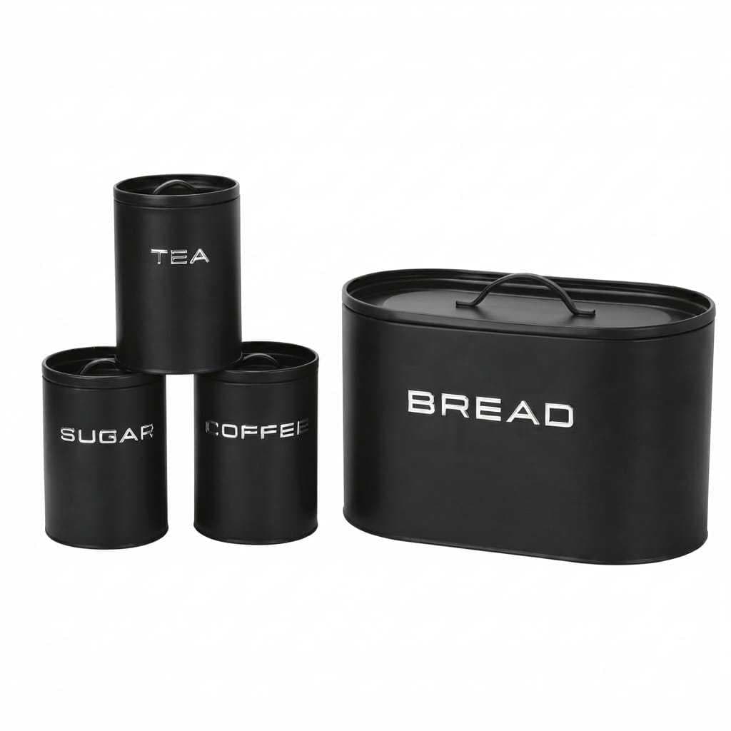 Jogo 4 Latas Organização Cozinha Inox Preto Porta Pão E Mantimentos Condimentos Hermético Decoração Casa Luxo