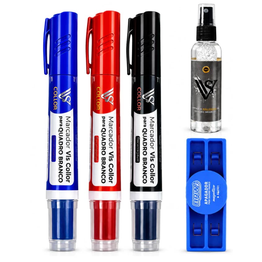 Kit Professor 3 Marcadores Recarregáveis para Quadro Branco + Limpador Spray + Apagador Magnético