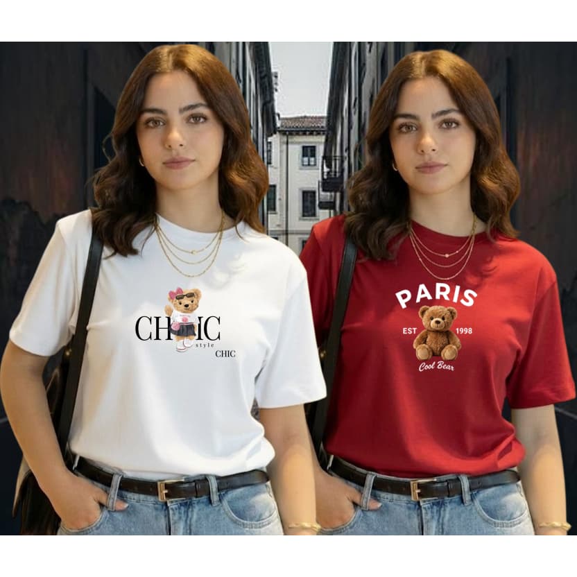 Kit 2 T-Shirt  Estampada Urso Teddy Bear Fofa Camiseta 100% Algodão Feminina Casual Streetwear Tendência