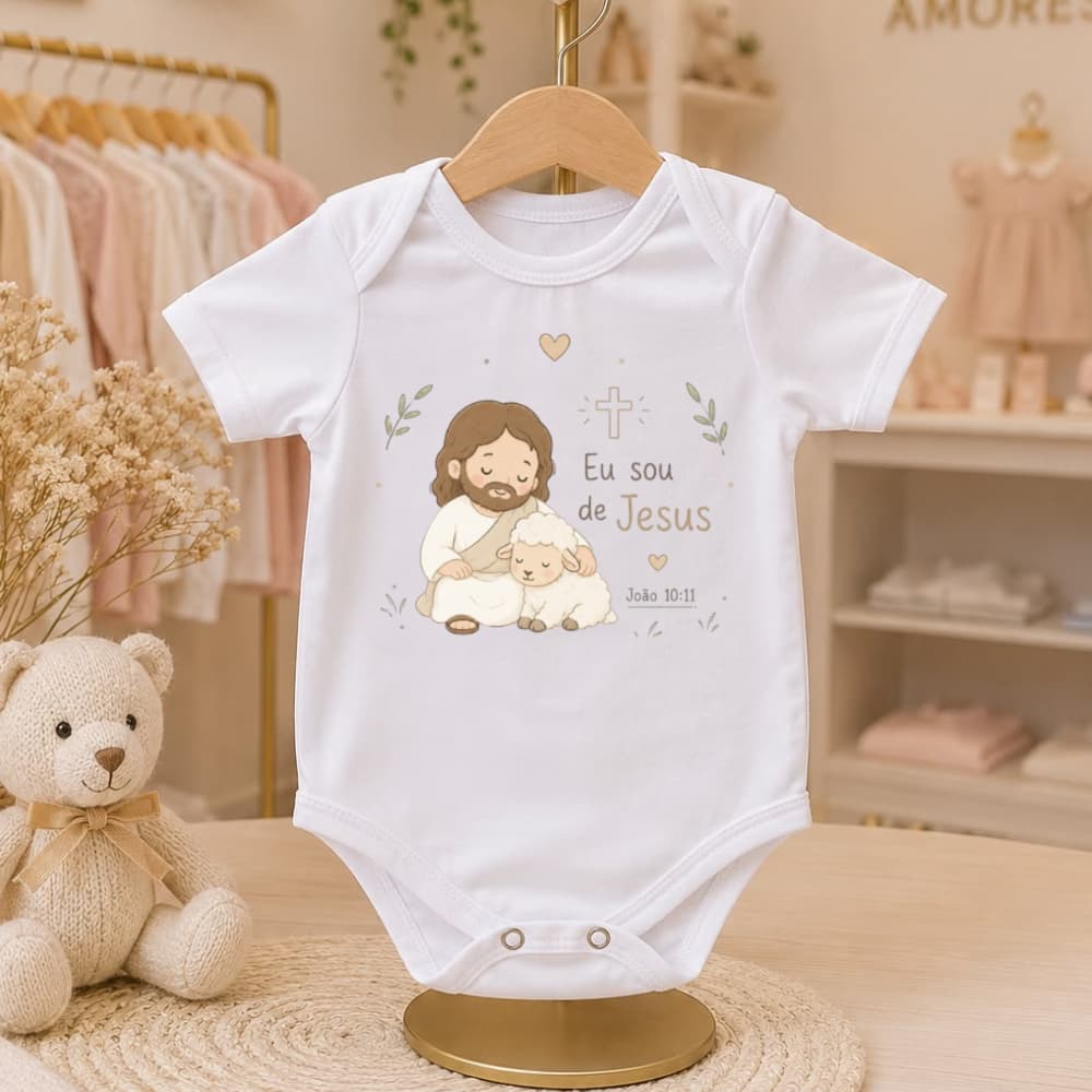 Body Infantil Cristão 100% Algodão Eu Sou de Jesus Ovelhinha Menino Menina P ao G Gola Envelope Manga Curta