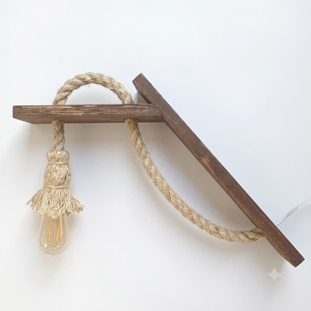 Kit 02 Arandelas Rústicas Parede Madeira E Corda Sisal Chalé A-Frame