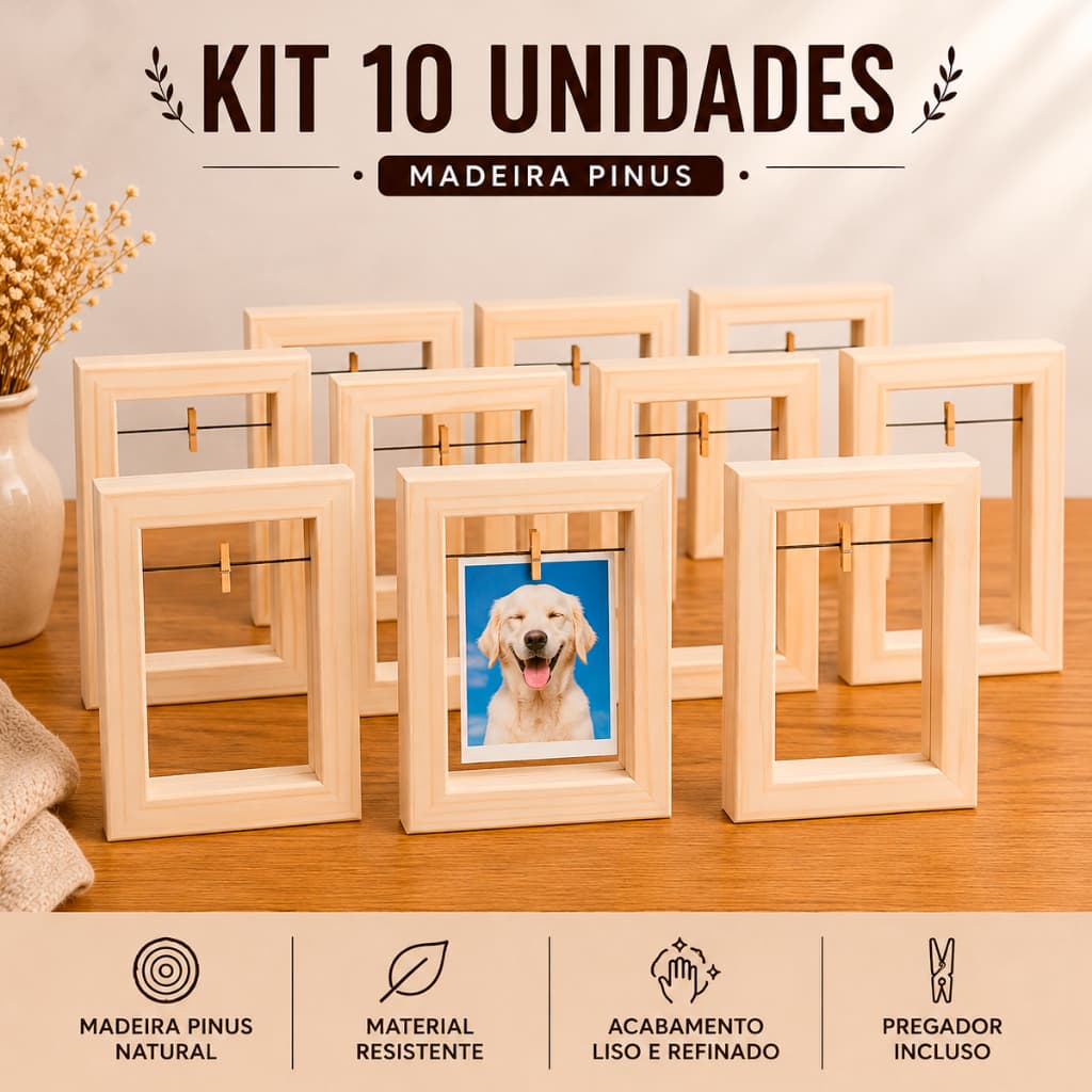 Kit 10 Porta Retrato Madeira Pinus Com Pregador Porta Foto Suspenso Varal