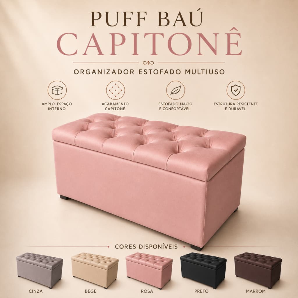 PUFF BAÚ ESTOFADO 90CM CAPITONÊ PÉ DE CAMA ORGANIZADOR SUEDE QUARTO SALA CLOSET DECORAÇÃO RESISTENTE