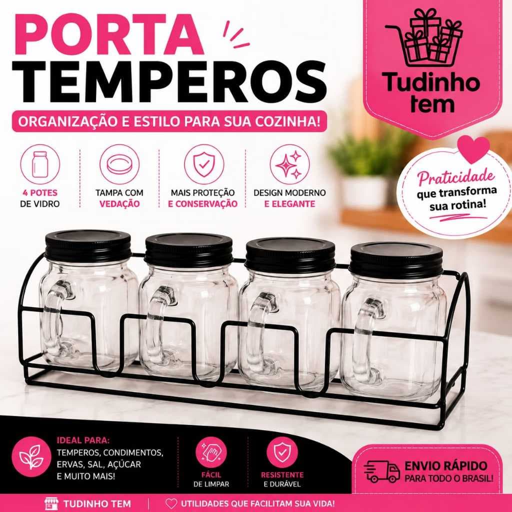 Porta Temperos Potes de Vidro com Suporte Preto – Organizador de Cozinha Moderno