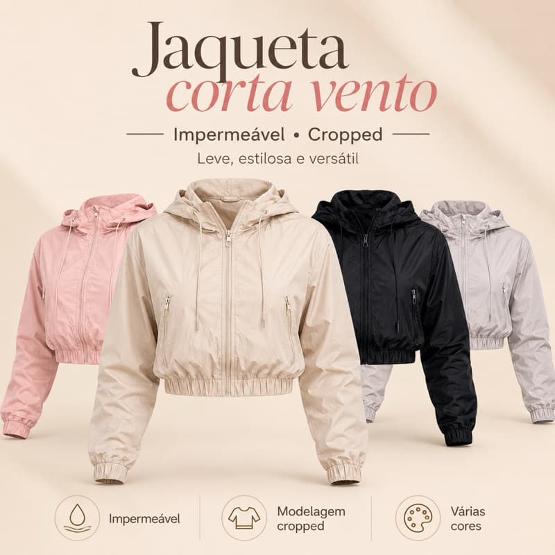 Jaqueta Corta Vento Feminina Cropped Impermeável com Capuz Removível 100% Forrada