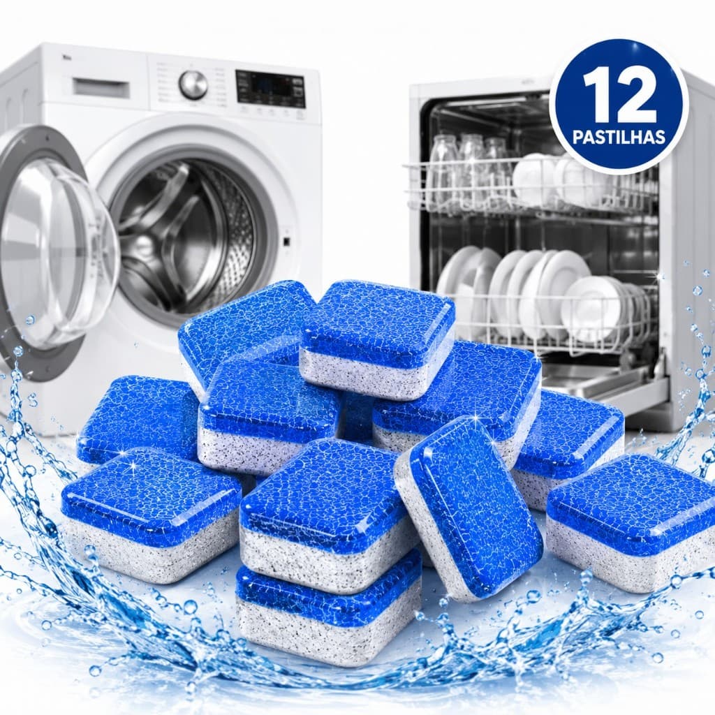 Pastilha Limpeza Máquina de Lavar Roupa e Lava Louças KIT COM 12 Unid. Higieniza Tambor Remove Odores Resíduos Universal
