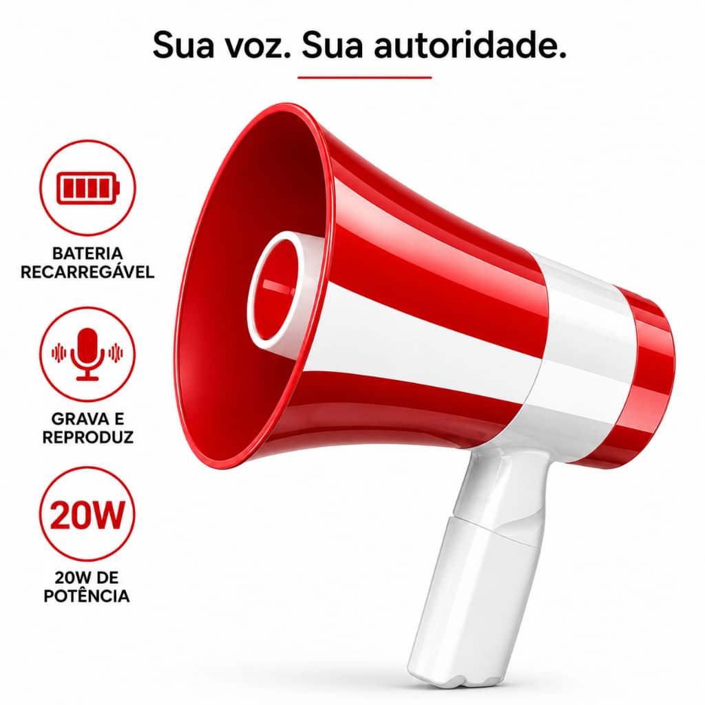 Megafone Portátil Recarregável 20W com Sirene Gravação e Reprodução Bateria Inclusa