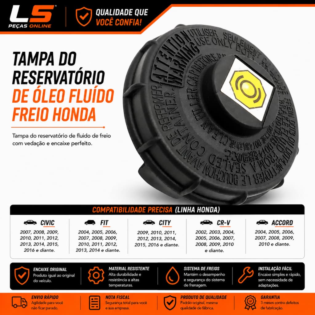 Tampa Reservatório Óleo Freio Honda City Fit Civic HRV Accord 2009 A 2021 Vedação Fluido Frenagem