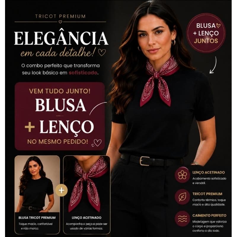 Blusa Lenço Feminina Tricot Premium Lisa Manga Curta com Lenço Elegante Casual Social T-SHIRT lenço incluso com a blusa