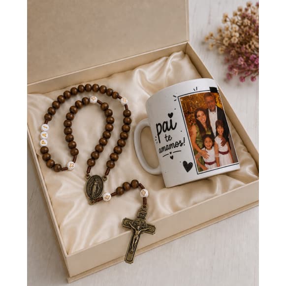 Kit Caneca Personalizada e Mini Terço com Nome Presente Especial Dia dos Pais