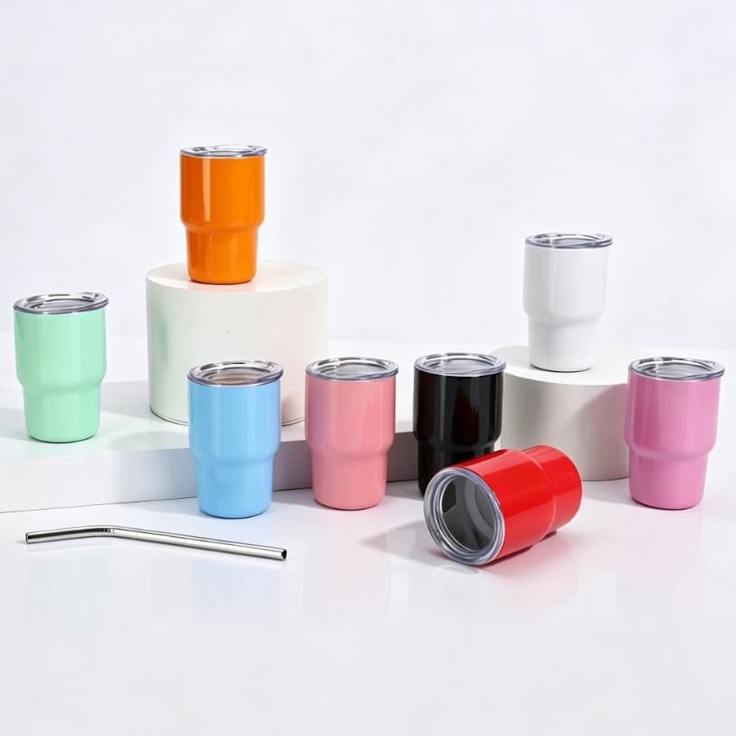Copo Térmico Para Café Inox Com Canudo e Tampa Mini Portátil Moderno Colorido KIT