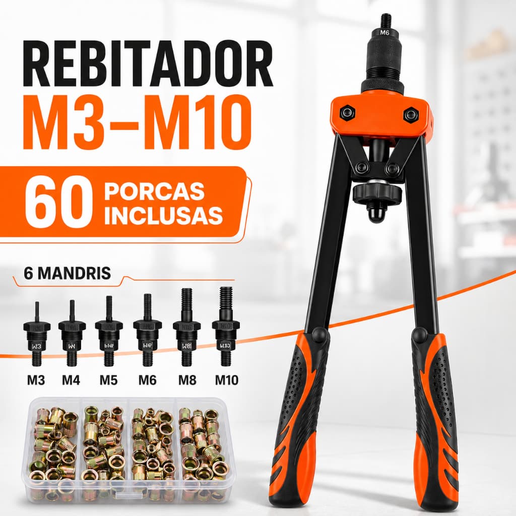 Rebitador Manual de Rosca M3 a M10 - Com Alavanca e 60 Porcas Acessórias
