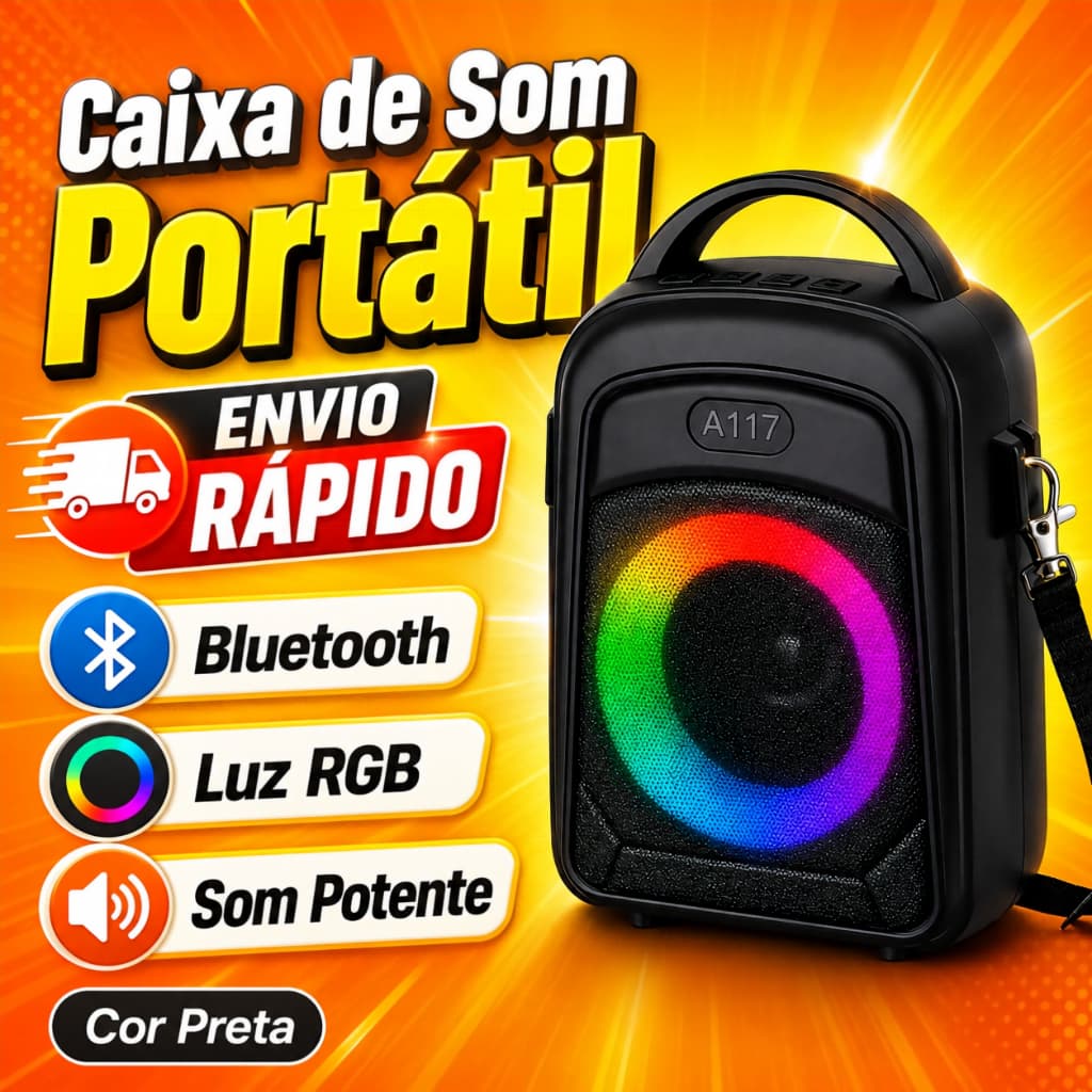 Mini Caixa de Som Portátil Bluetooth A117 com Luz RGB, Som Potente e Alça – Cor Preta