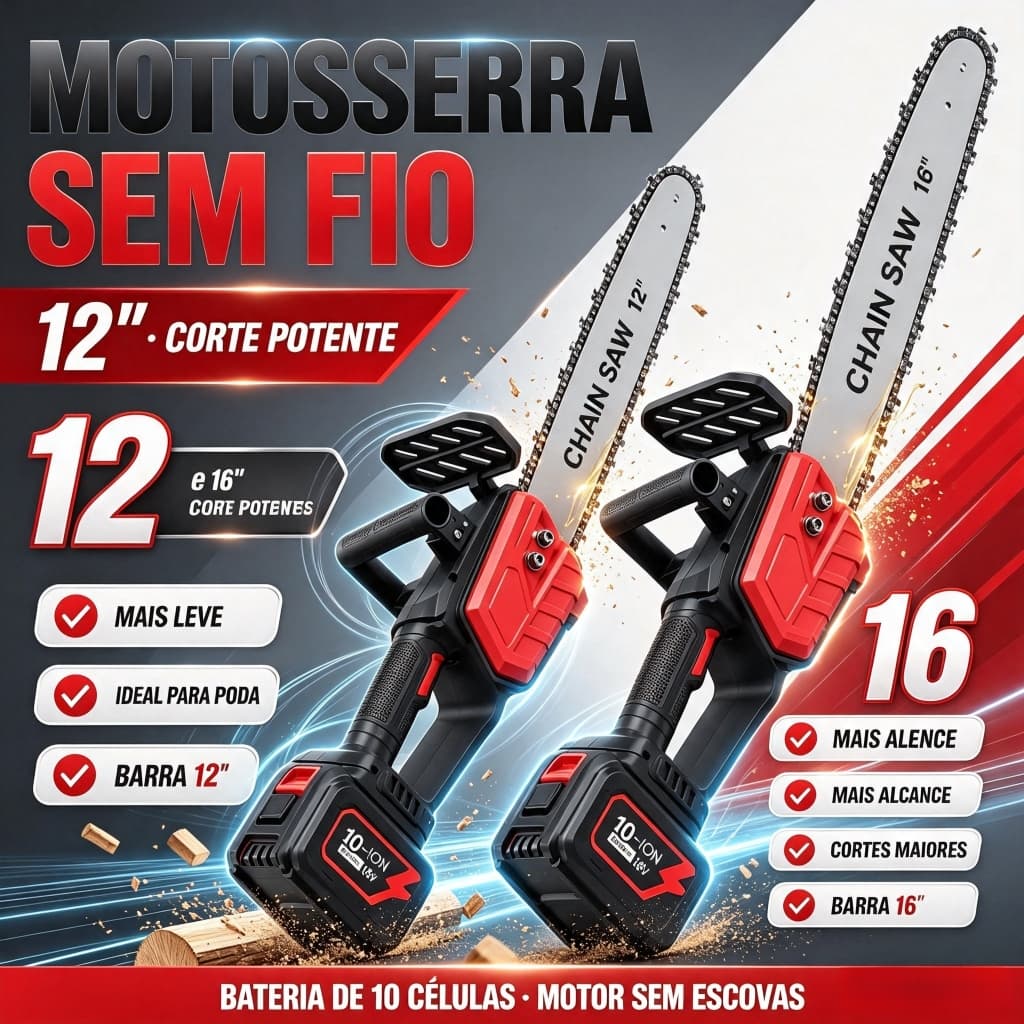 Motosserra Elétrica a Bateria 48V 12” – 1000W Sem Fio, 2 Baterias 10Ah, Ideal para Trabalho Pesado S2
