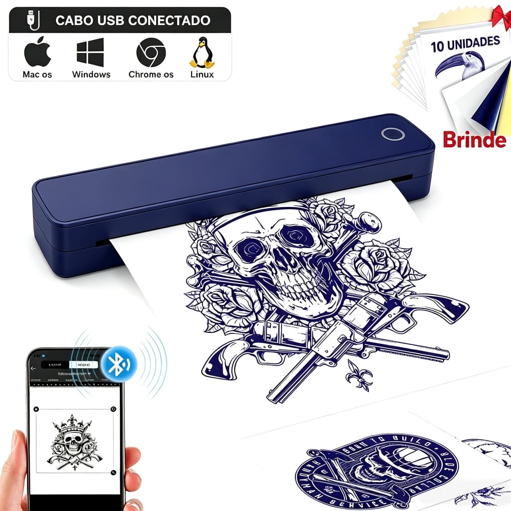 Impressora de Tatuagem Portátil A4 Sem Tinta, Impressora Térmica Wireless com Bluetooth para Tatuagem e Documentos