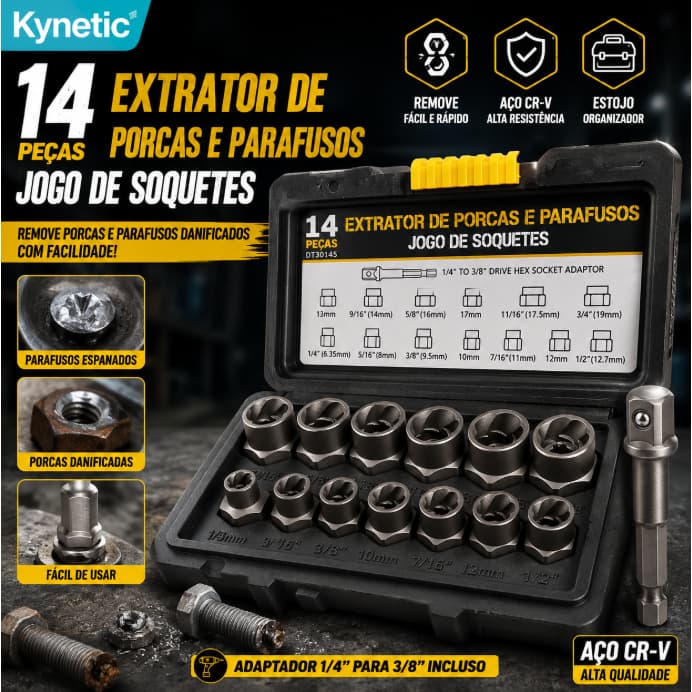 Kit Extrator de Parafusos e Porcas Danificadas 14 Peças 3/8