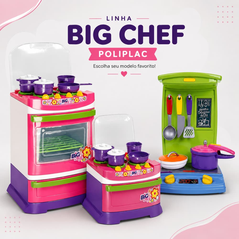 Kit Cozinha Infantil Poliplac Big Chef Fogão Mini Fogão Panelinhas Liquidificador Batedeira Faz de Conta