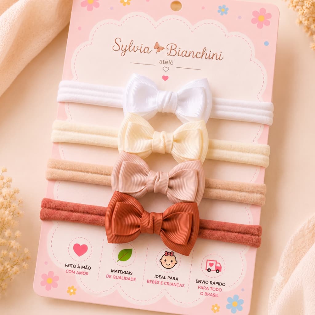 Kit Com 4 laços na Tiara Faixinha Infantil | Kit Bebê RN | Menina Não Aperta | Lacinhos Recém Nascido Luxo