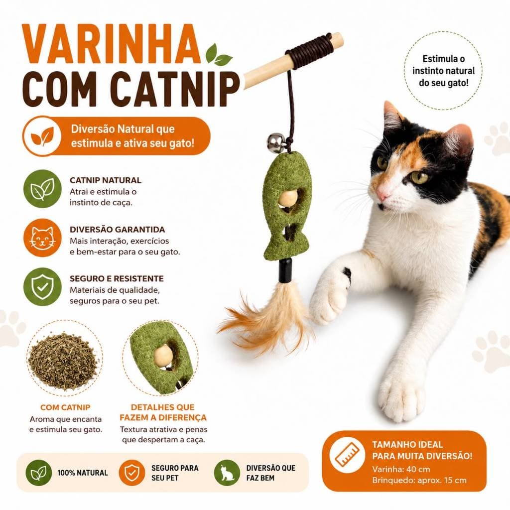Varinha para gatos, brinquedo para gatos, com catnip , Varinha Pena Gato Jambo Pet