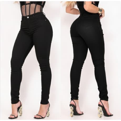 Calça Jeans Skinny Preta Cintura Alta Levanta Bumbum