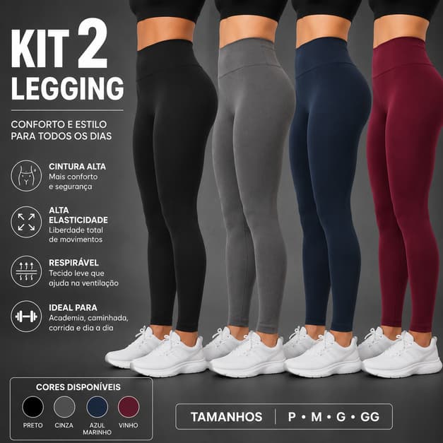 Kit com 2 Calças Legging Suplex Feminina Academia Fitness Confortável Cós Alto