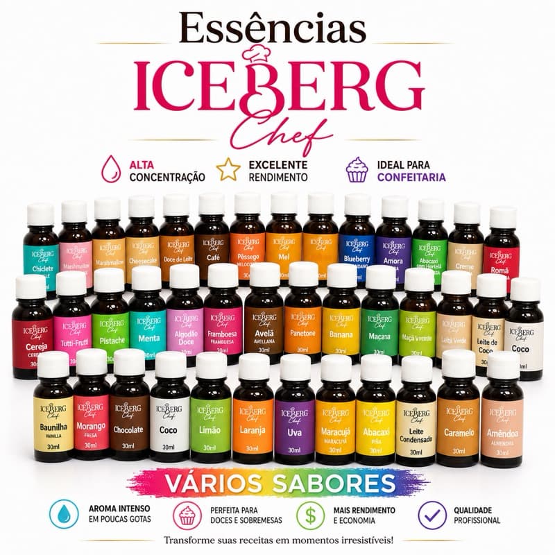 Aroma Essência Alimentícia Iceberg Chef 30ml Alta Concentração para Bolos Chantilly Recheios Doces e Sobremesas