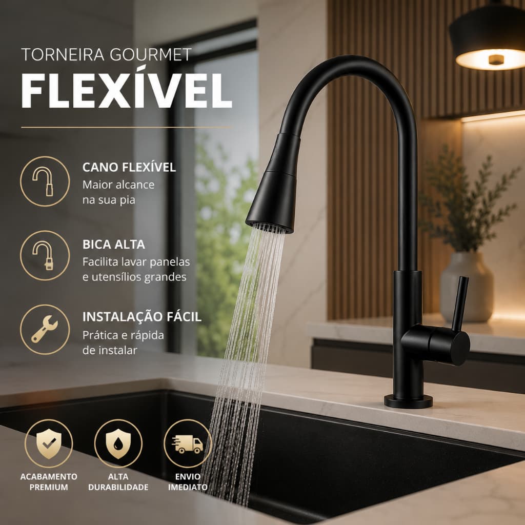 Torneira Preta para Cozinha Gourmet 2 Jatos Flexível Instalação em Bancada Pia e Mármore