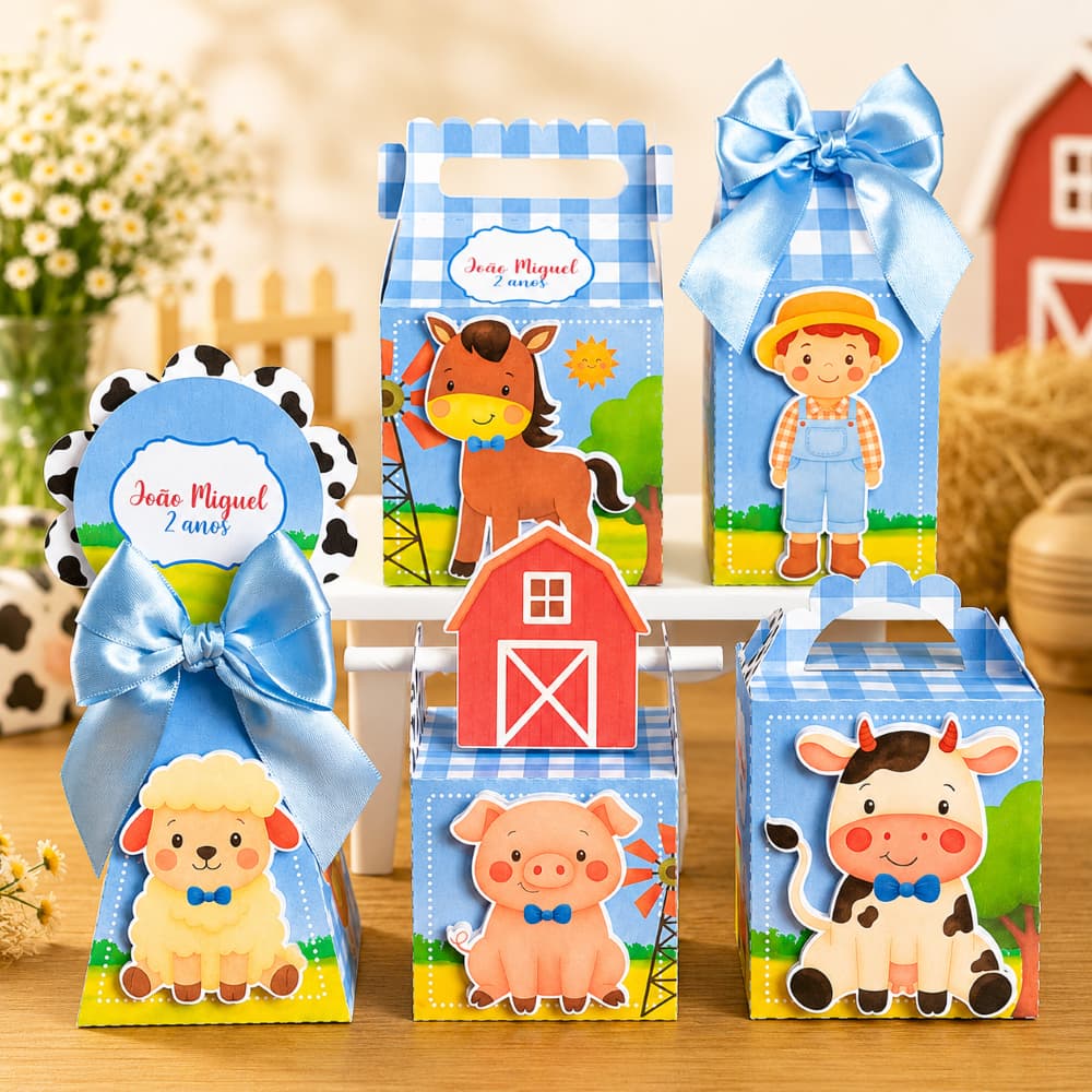 Kit Festa Fazendinha Azul Personalizado Pegue e Monte Lembrancinhas Festa Infantil