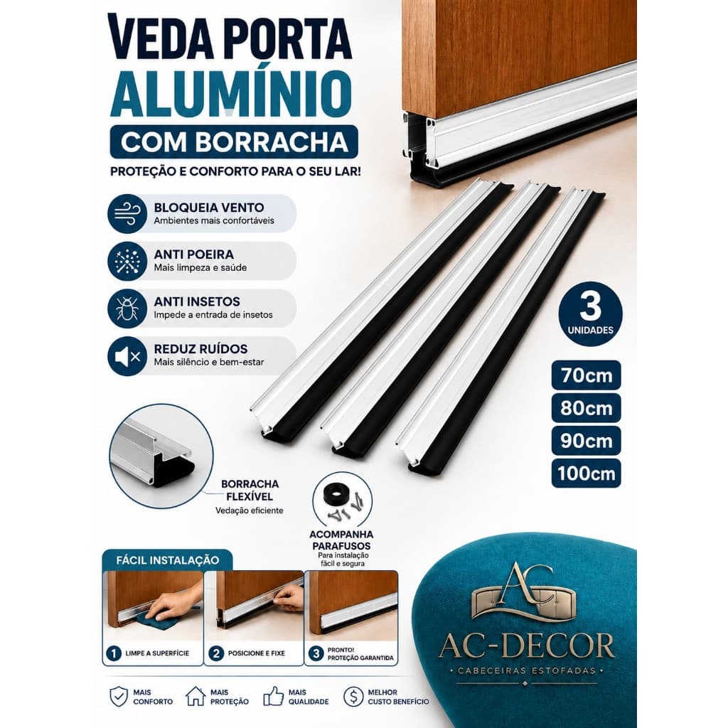 Kit 3 Veda Porta Alumínio Premium Borracha Vedação Completa Anti Poeira Insetos Vento Frio Luz 70 80 90 100 cm