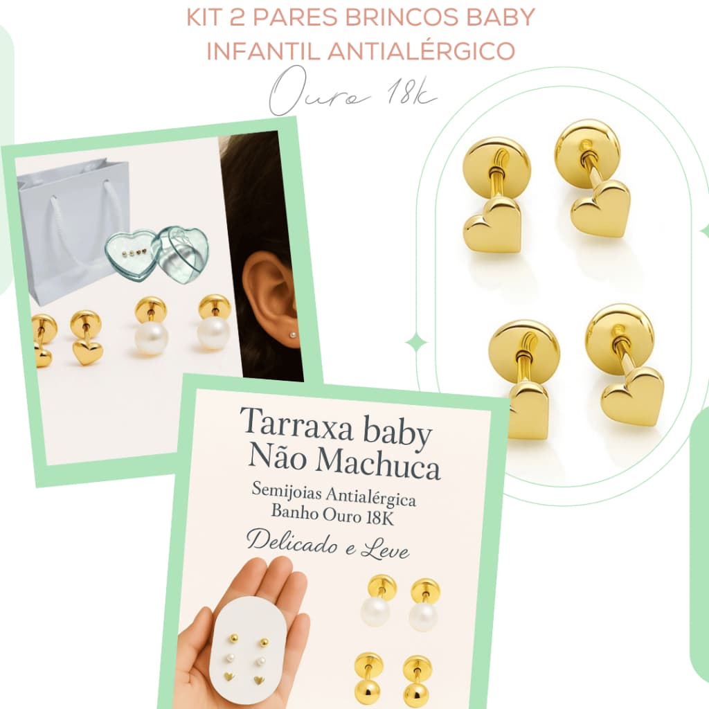 Kit 2 Pares Brincos Baby Infantil Antialérgico Dourado Bebê Recém Nascido Presente Batizado Feminino