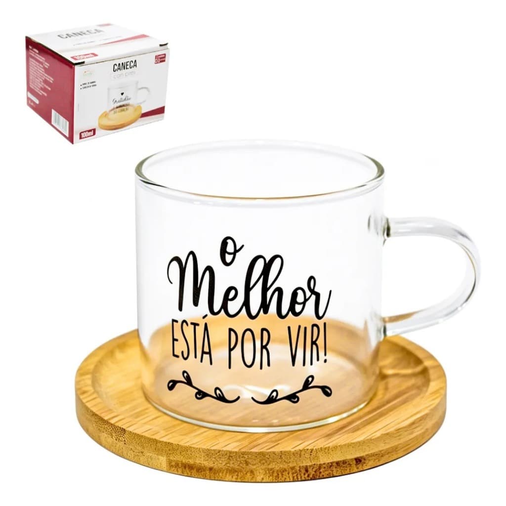Caneca de Vidro com Pires de Bambu Frase Motivacional O Melhor Está Por Vir 100ml | Presente Criativo para Café e Chá  📝