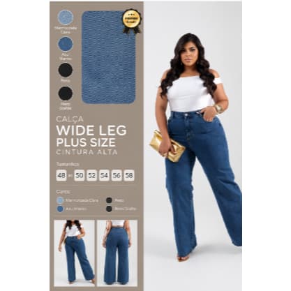 Calça wide leg pantalona Jeans Feminina Plus Size com lycra